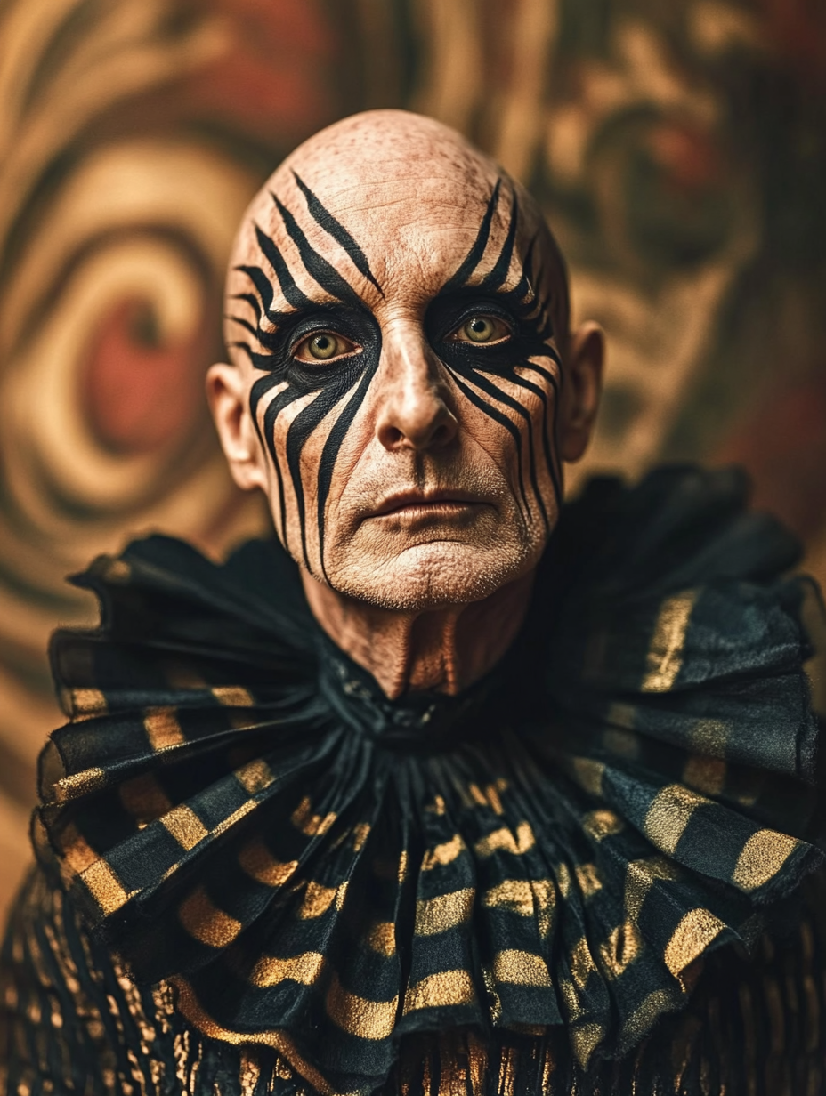 Photograph of a skinny bald clown
